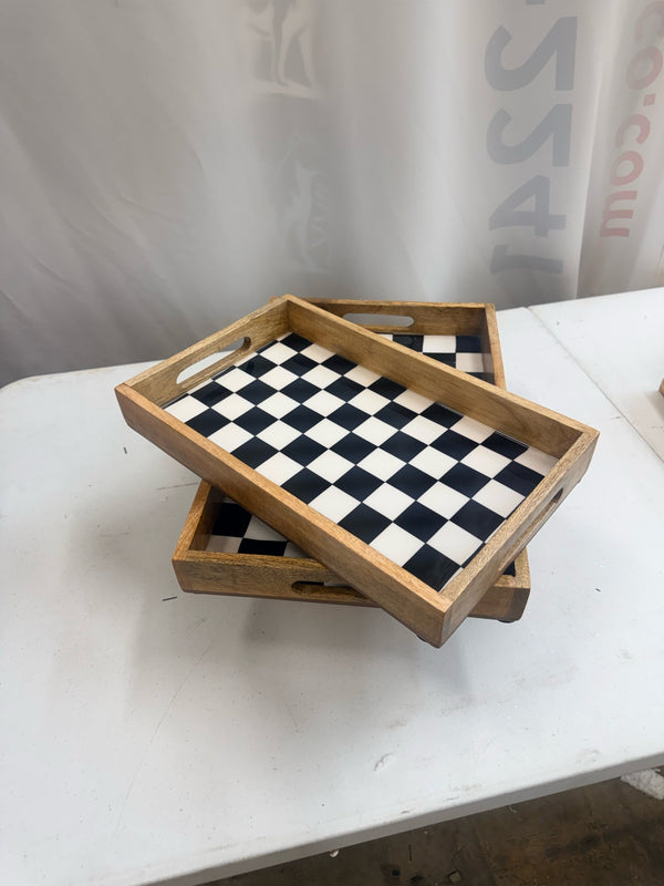 Black and white check enameled wood nesting trays, set of 2