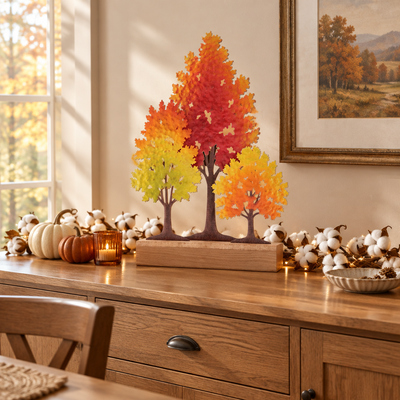 Triple Fall Tree styled on a sideboard with cotton garland, warm lights, and fall accents